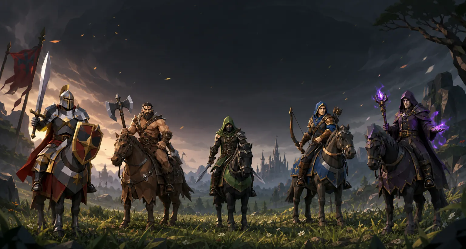 Cavaleiro, Bárbaro, Ladino, Ranger e Mago montados diante de seus castelos